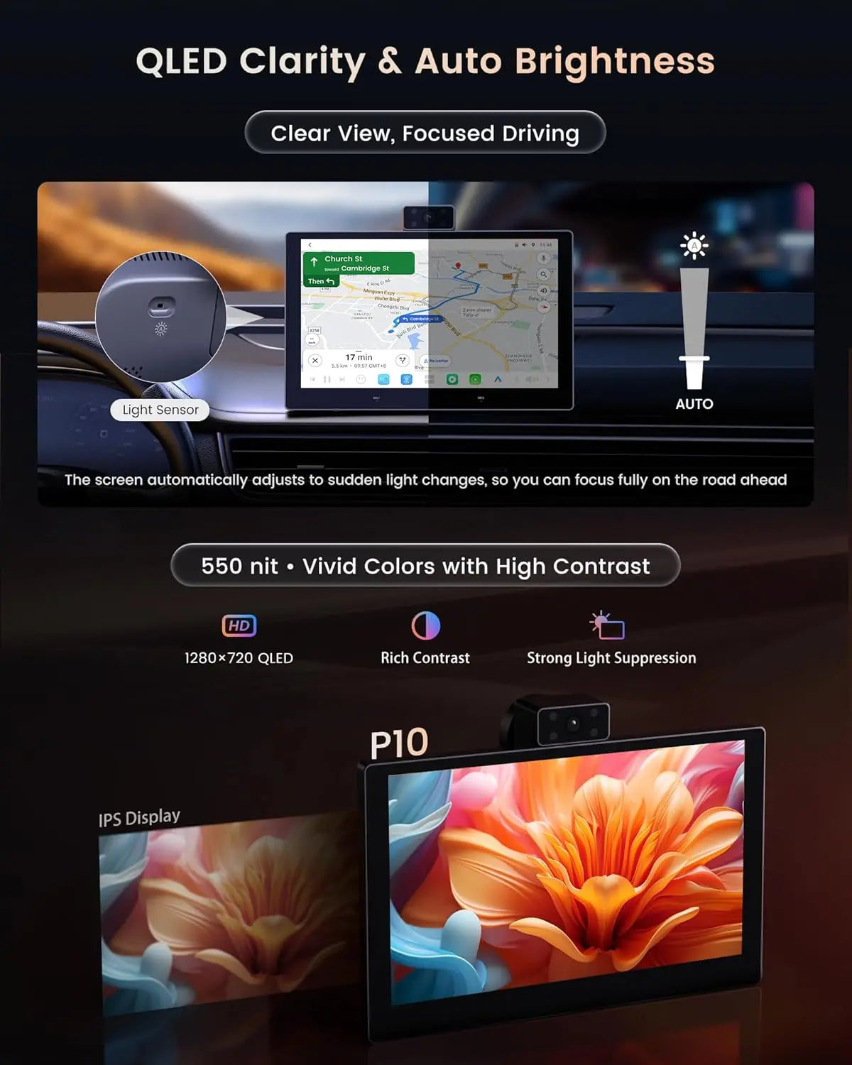 ATOTO P1009M2M 9" QLED CarPlay Screen for Car, Wireless CarPlay & Android Auto, 8GB+128GB, 4G LTE/WiFi/BT/USB, AI GPS, Front & Cabin DVR Dash Cam, Parking Monitor, OTA