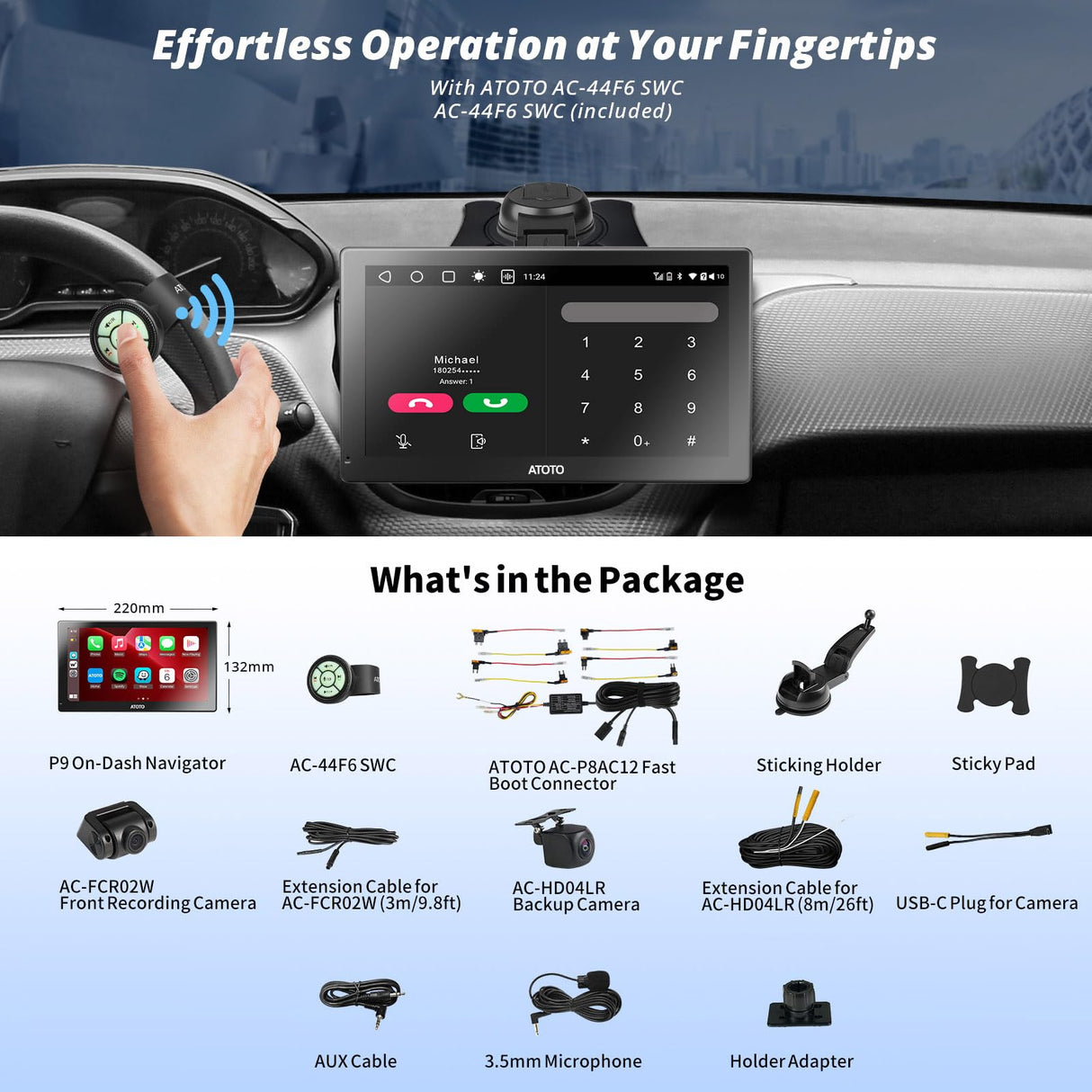 ATOTO 9 Inch Android Portable Car Stereo with 4G+32G, Wireless CarPlay and Android Auto, in Dash GPS Navigation System with 4G Dual BT WiFi Dashcam Backup Camera, P909PRS3