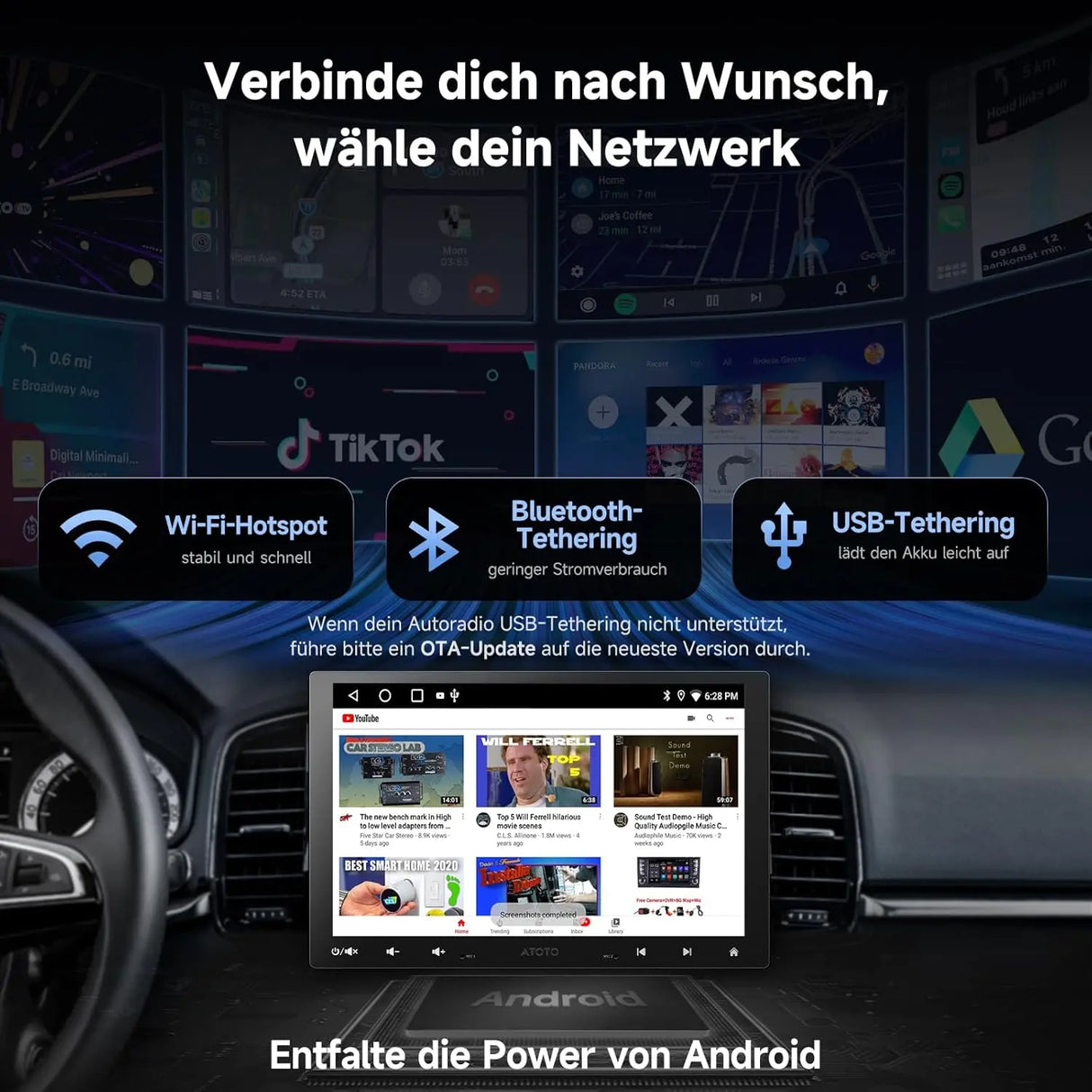 ATOTO A5LG110T 10" 1 DIN 2 DIN Autoradio, schwebendes Display, Rückfahrkamera, Wireless CarPlay &amp; Android Auto, WiFi/BT/USB Tethering, MirrorLink, DSP, FM/RDS, 2G+32G