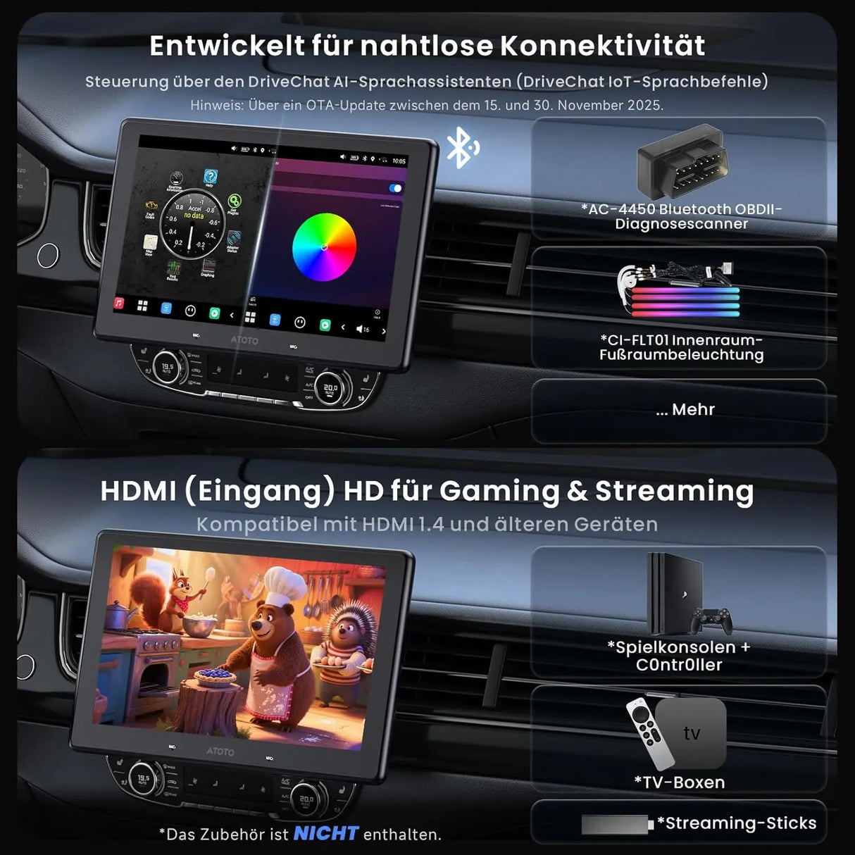 ATOTOZONE 10" QLED AI Android Autoradio 1 DIN, Floating Screen Auto, 8G+128G In-Dash Navigation, 4G LTE, Kabelloses CarPlay &amp; Android Auto, Dual-Phone &amp; 2 Bluetooth, SCVC, GPS-Tracking, X10G110E