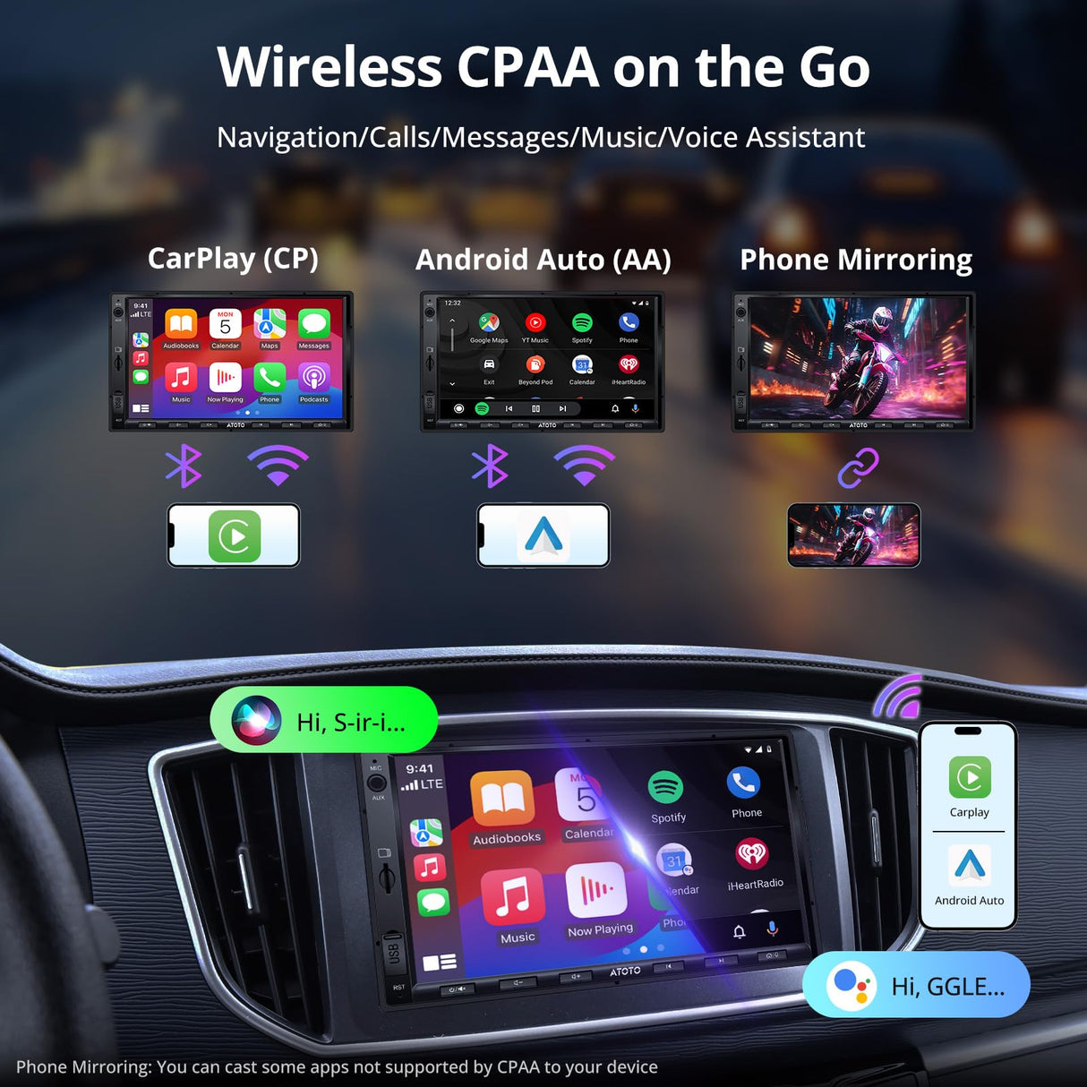 ATOTO A5L 7" Android Double Din Car Stereo with Backup Camera, Wireless CarPlay & Android Auto, Wi-Fi/BT/USB Tethering, Built-in DSP, Bluetooth, Phonelink, FM/AM/TF, 2G+32G