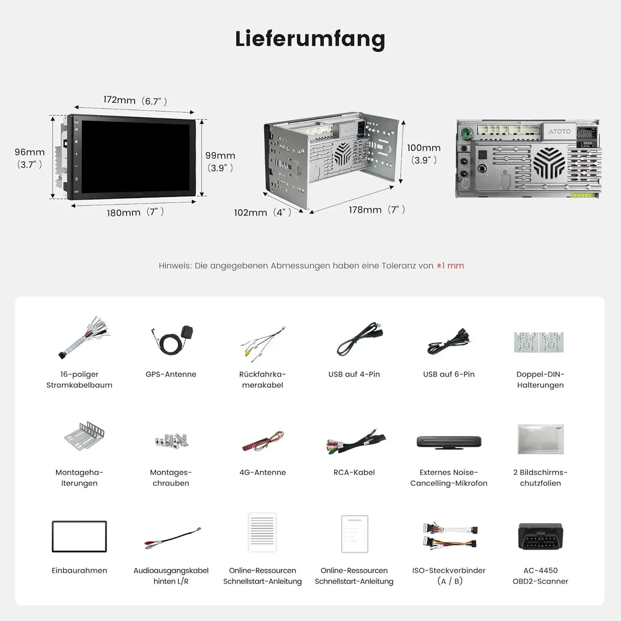 ATOTO A7G2B7PKL-S04 Android Autoradio 2 DIN, 7 Zoll QLED Navi [Inkl. OBD2 Scanner] 4G LTE Integriert, Wireless CarPlay & Android Auto, Hi-Fi DSP Optischer Ausgang/4V Pre-Out, AI DriveChat, SCVC