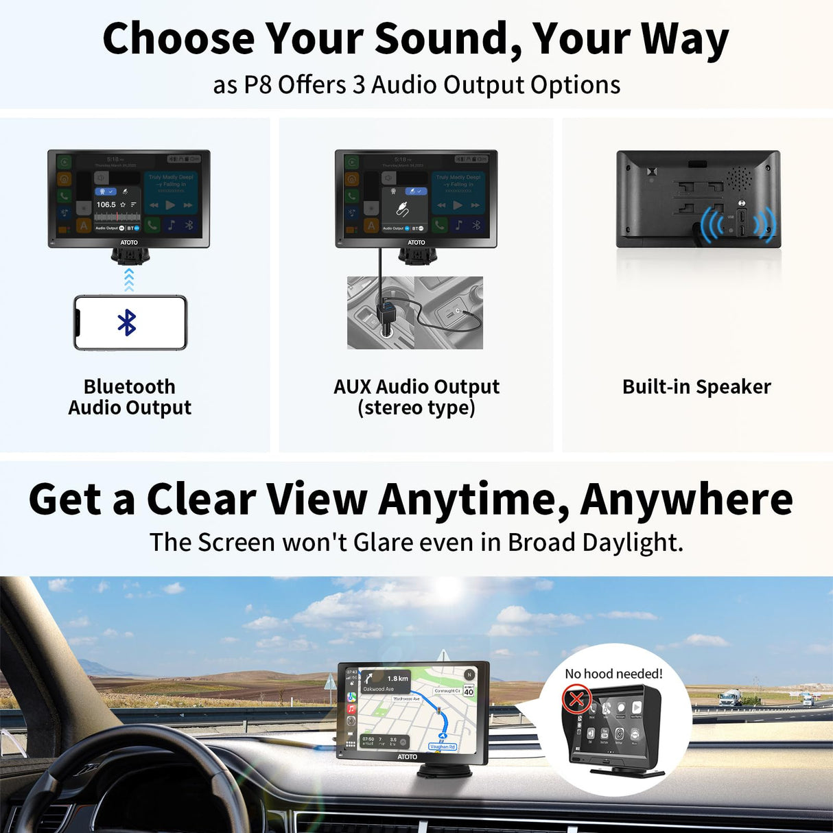 Portable Carplay & Android Auto Screen, ATOTO P8 Car Play Stereo with 7inch QLED Glare-Suppressing Touchscreen Display, HD 1080P WDR Rear Cam, OTA Upgrade, Remote Control, P807SD-RC