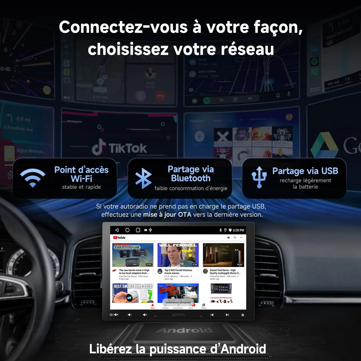 ATOTO A5LG110T Autoradio 1 DIN/2 DIN Android 10" avec écran flottant, caméra arrière, CarPlay et Android Auto sans fil, tethering WiFi/BT/USB, MirrorLink, DSP, FM/RDS, 2G+32G