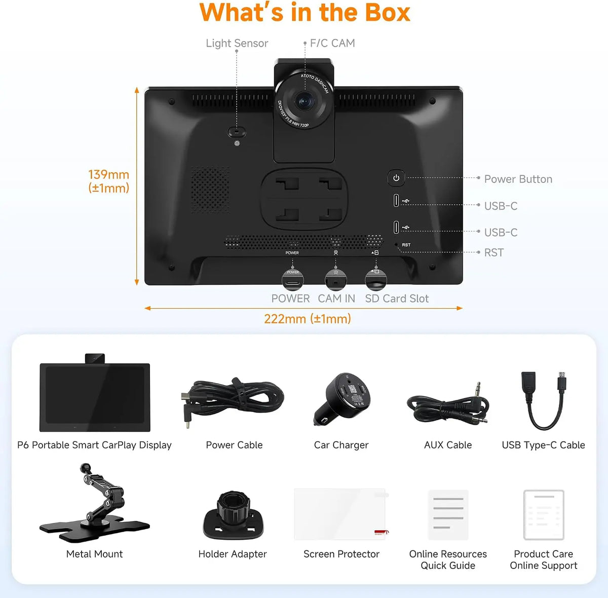 ATOTO P609S1N 9" Portable CarPlay Screen – Wireless CarPlay & Android Auto Touchscreen with Dash Cam, Bluetooth, GPS Navigation, Voice Control & Music Player, Plug & Play Car Stereo (P6 Standard DashCam)
