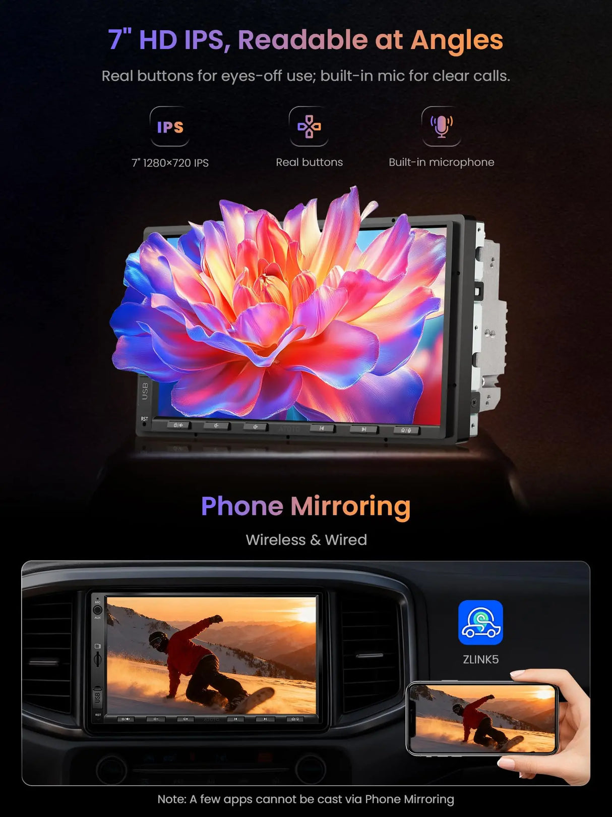 ATOTOZONE A5L Android Autoradio Doppel Din Radio, 7" Digital Media-Receiver, Wireless CarPlay/Android Auto, WiFi/BT Tethering, Rückfahrkamera,Bluetooth, MirrorLink,2G+32G, 48-B EQ DSP,FM/AUX