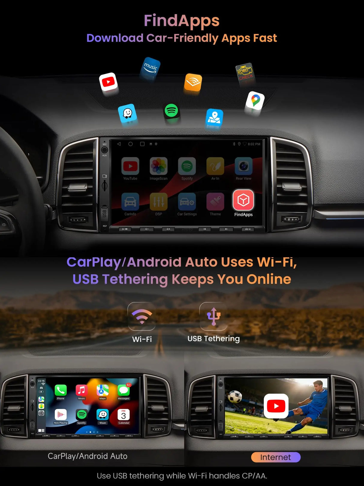 ATOTOZONE A5L Android Autoradio Doppel Din Radio, 7" Digital Media-Receiver, Wireless CarPlay/Android Auto, WiFi/BT Tethering, Rückfahrkamera,Bluetooth, MirrorLink,2G+32G, 48-B EQ DSP,FM/AUX