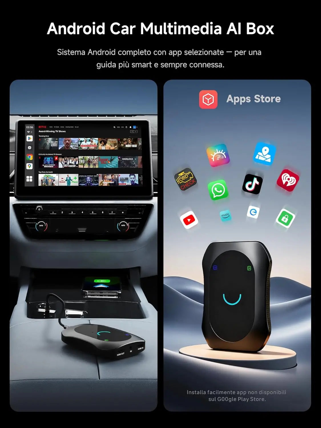 ATOTO CB7SBX Adattatore CarPlay Wireless Android Auto AI Box, HDMI Ingresso/Uscita, Android Completo 8GB+128GB, 4G LTE, Dual Bluetooth, DriveChat, Netflix YouTube TikTok