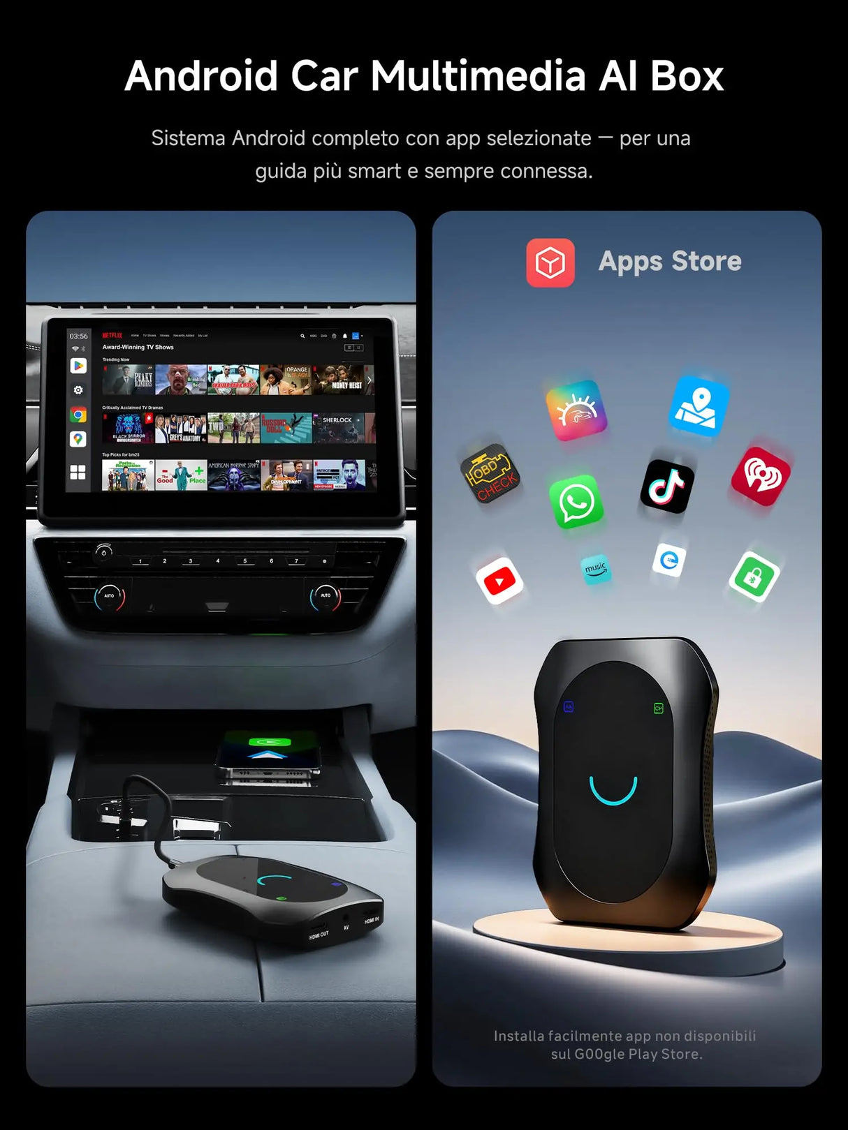 ATOTO CB7SBX CarPlay Wireless Adapter Android Auto AI Box, HDMI In/Out, Android 8GB+128GB, 4G LTE, Dual Bluetooth, DriveChat, AI Box for Netflix/YouTube/TikTok/TF Card