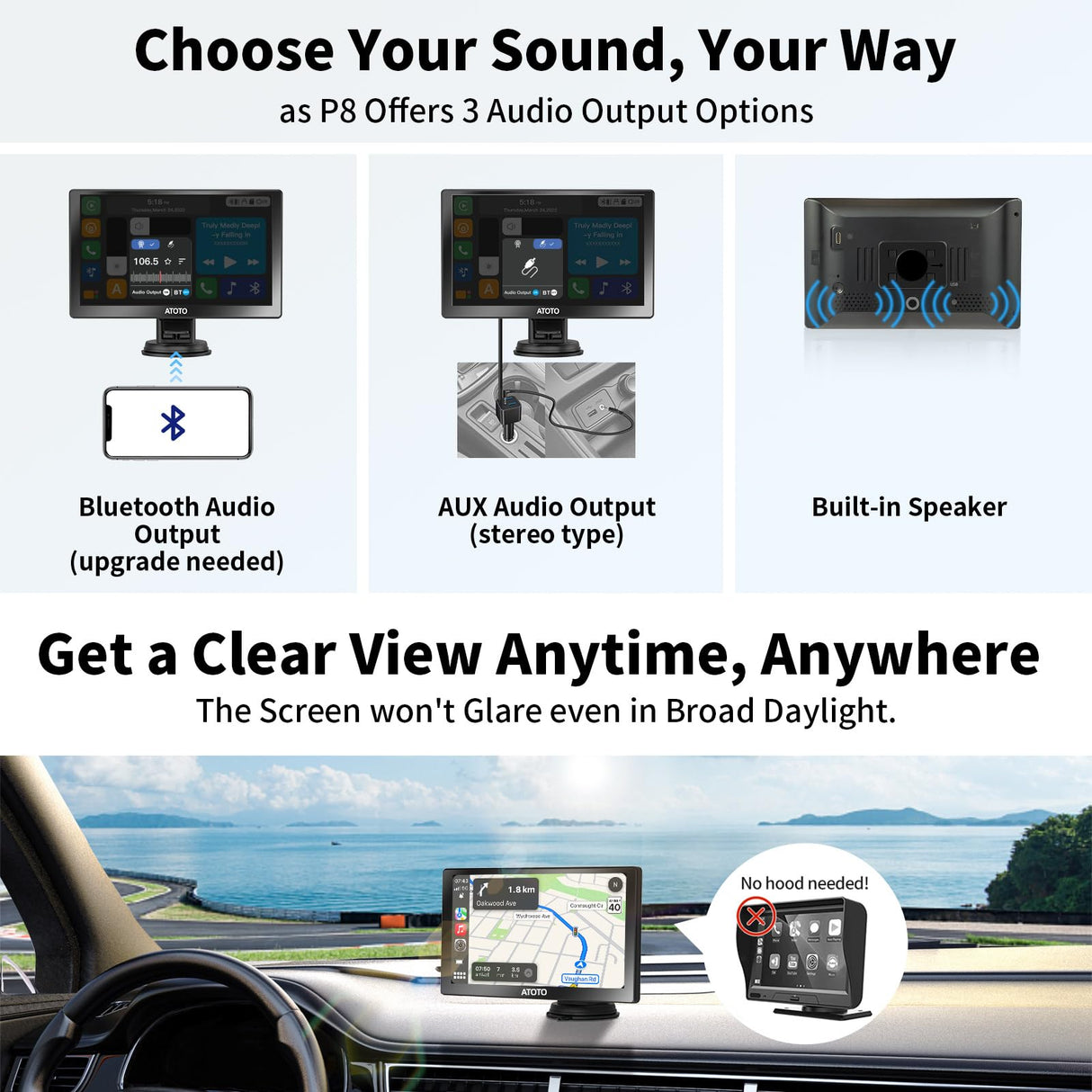 ATOTO 7 inch Portable Car Radio Wireless Carplay and Android Auto Screen, HD 1080P Rear DVR Camera, On-Dash Camera Input, Remote Control, WDR & Auto Dimmer, P807SD-RC