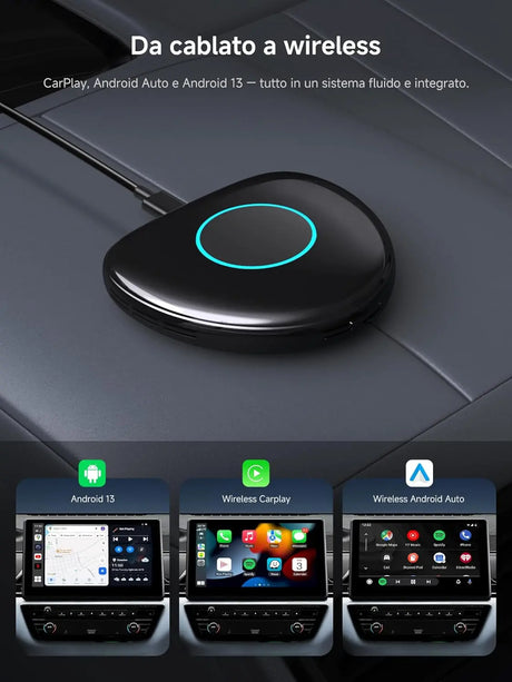 ATOTO CB6 Adattatore CarPlay Wireless – Boîtier CarPlay IA , 8GB+128GB Dispositivo Streaming per Auto con 4G, Wi-Fi, Doppio Bluetooth, USB, GPS Integrato, Assistente IA, Espansione microSD, OTA