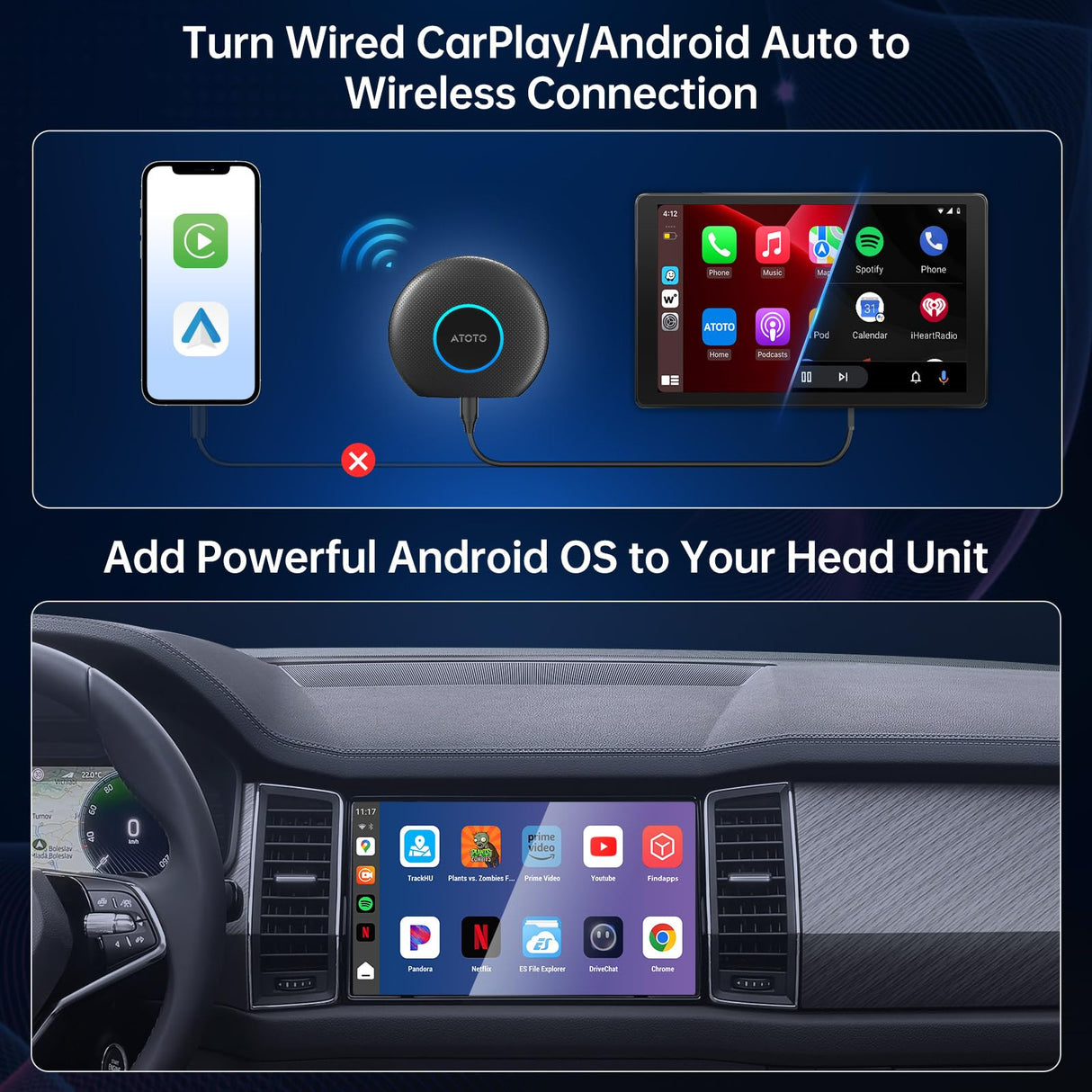 ATOTO Wireless CarPlay Adapter with OBD2 Diagnostics,Supports CarPlay/Android Auto,4GB RAM 64GB Storage, Built-in 4G LTE, Preloaded DriveChat & FindApps,Plug-and-Play Car AI Box (CB6A-N-BK2-S01)