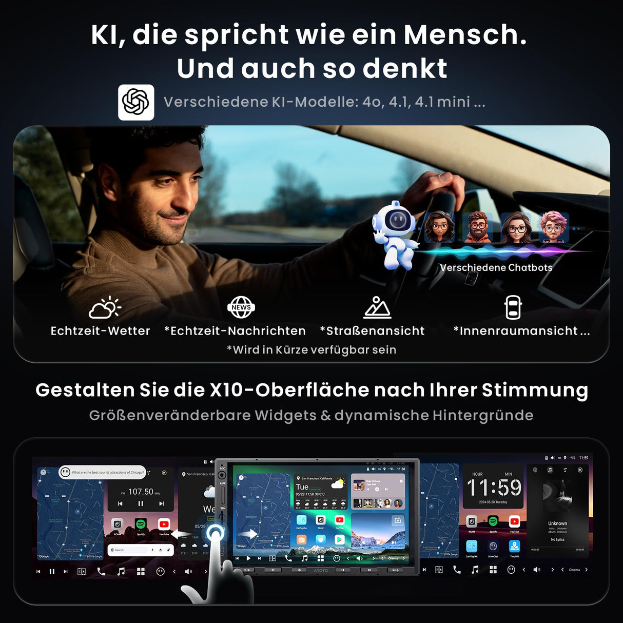 ATOTOZONE X10G2A7E 7-Zoll Button Android In-Dash Navigation, 8+128G Doppel-DIN Radio, ChatGPT KI, 4G LTE, Kabelloses CarPlay & Android Auto, Dual-Phone & Bluetooth