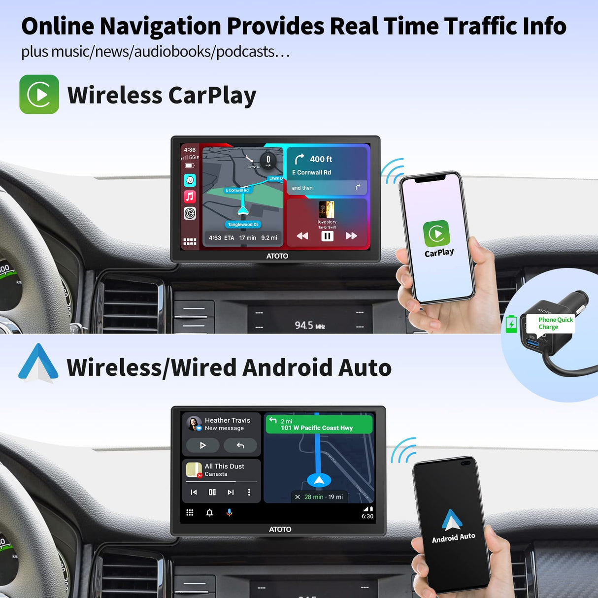 ATOTO Portable Wireless Carplay Android Auto Screen, 7 Inch QLED Glare-Suppressing Car Play Screen with WDR & Auto Dimmer, Steering Wheel Control, GPS BT AUX, P807SD-RM