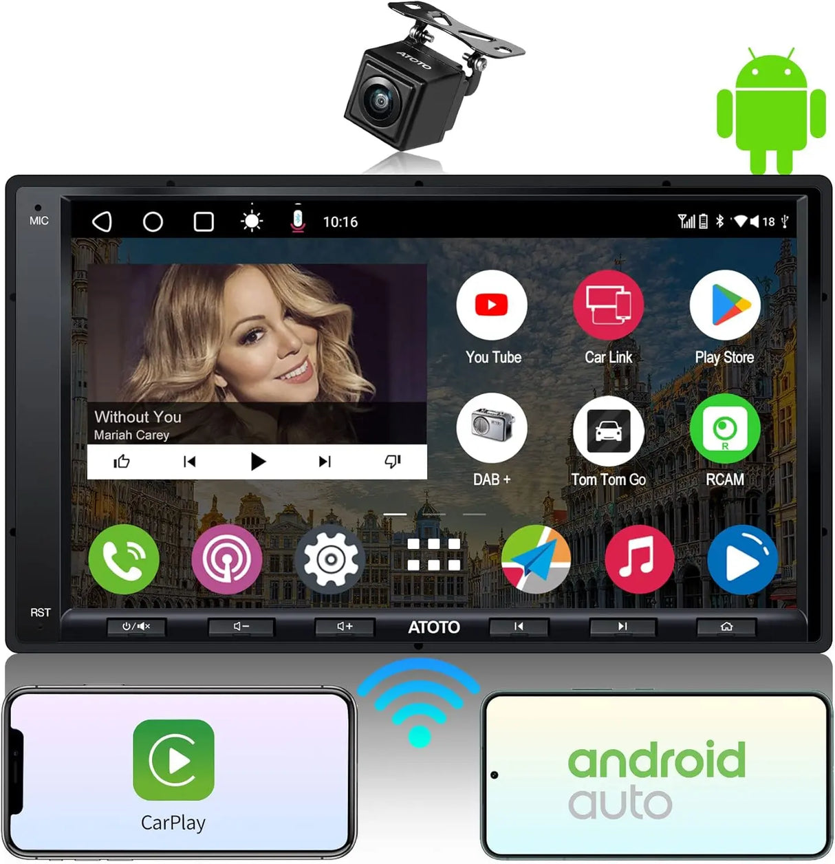 ATOTO A6G2A7PF Autoradio 2 Din Android 7 pollici, con telecamera posteriore e DAB+, CarPlay e Android Auto wireless, WiFi Bluetooth USB, GPS navigatore, 2GB 32GB, SWC