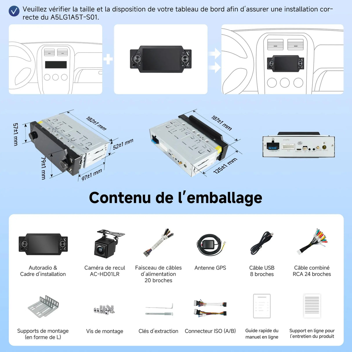 ATOTO A5LG1A5T 5" Touchscreen 1 Din Autoradio Android avec Caméra de Recul, CarPlay & Android Auto Sans Fil, Tethering WiFi/BT/USB, MirrorLink, RDS/FM/GPS, Contrôle Vocal, 2G+32G