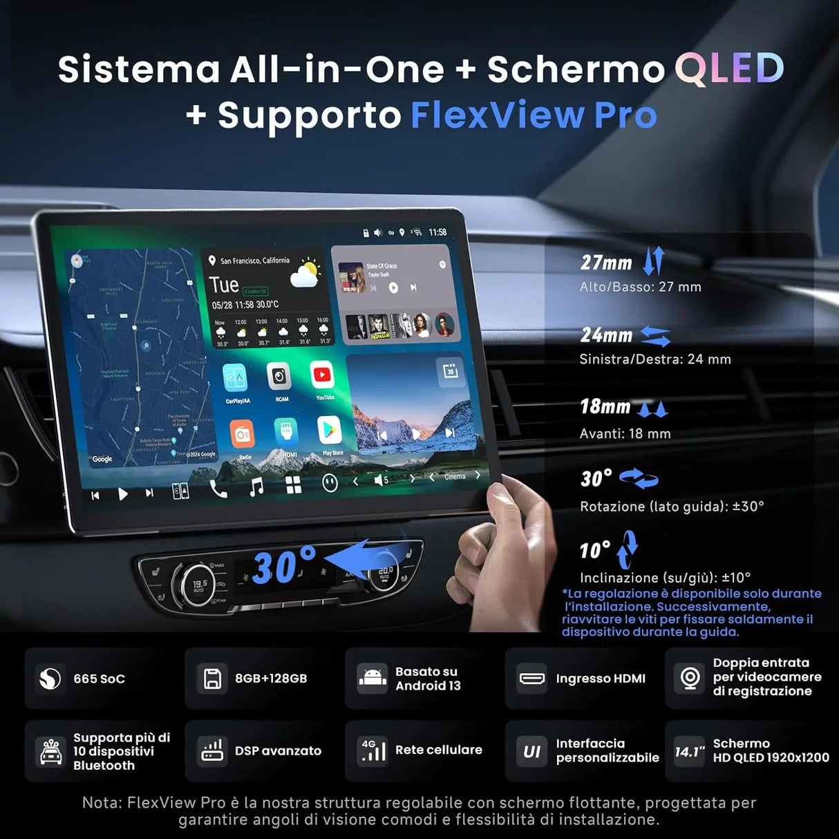 ATOTO 14.1" QLED X10G141E Autoradio Android compatibile 1 e 2 DIN, 8GB+128GB, Schermo Flexview, Audio 7.1.2 CH, CarPlay & Android Auto Wireless, 4G LTE, Wi-Fi Dual Band, EQ 36-B, HDMI IN