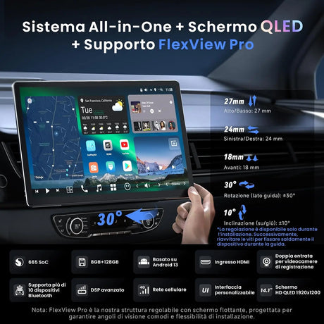ATOTO 14.1" QLED X10G141E Autoradio Android compatibile 1 e 2 DIN, 8GB+128GB, Schermo Flexview, Audio 7.1.2 CH, CarPlay & Android Auto Wireless, 4G LTE, Wi-Fi Dual Band, EQ 36-B, HDMI IN
