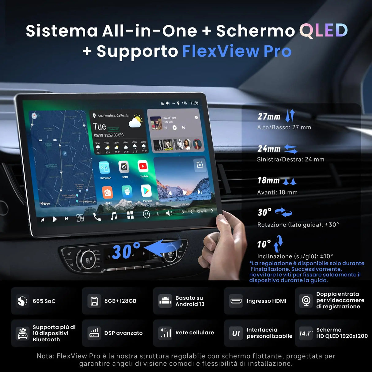 ATOTO X10G141E 14.1" QLED Android 1 & 2 DIN Car Stereo, 8GB+128GB, Flexview Screen, 7.1.2 CH Audio, Wireless CarPlay & Android Auto, 4G LTE, Dual-Band Wi-Fi, 36-B EQ, HDMI IN