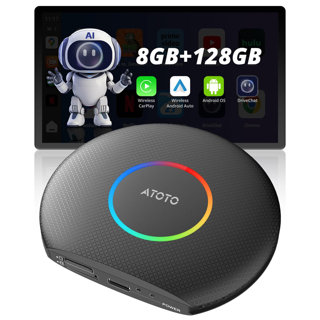 CB6 CarPlay/Android Al Box- 2025 Upgrade Wireless Carplay Adapter, Plug & Play Car Video Box with Drivechat, GPS, Compatible with Netflix/YouTube, Android 13,2 BT,4G LTE,8G+128G, Black
