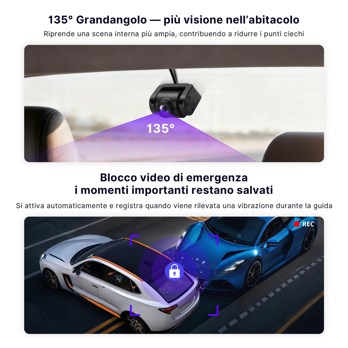 ATOTOEXCEL Telecamera Interna, Frontale (Montaggio Posteriore Abitacolo), AHD 1080p, 30fps, Visione Notturna Starlight, Grandangolo 135°, Reg. loop, Modo Parcheggio, Compat. solo Serie V10, AC-HN9CBV2