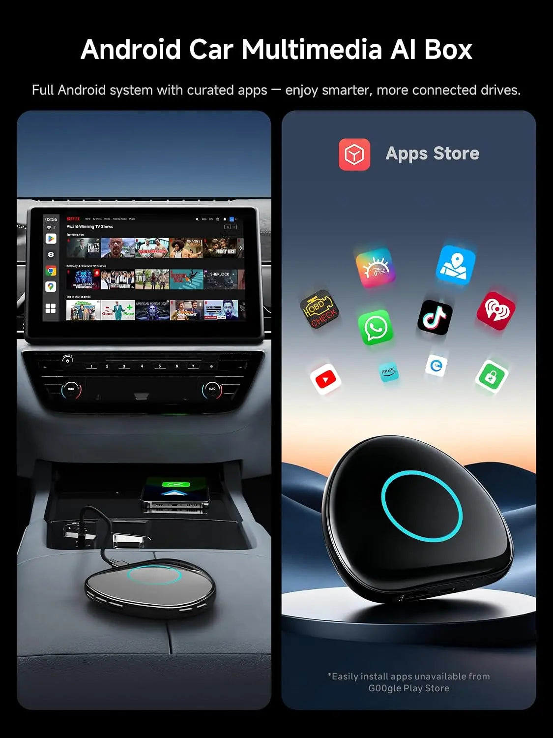 ATOTO CB6C CarPlay AI Box Adapter, Android Multimedia Magic Box with Built-in 4G LTE SIM Slot, Wireless CarPlay & Android Auto, Watch YouTube/Netflix/Disney+, 4GB+64GB, 8-Core, DriveChat AI, TF Card Support - Converts Wired to Wireless