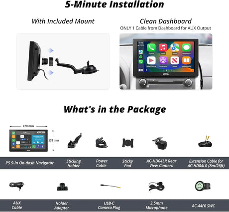 ATOTO P5 9" QLED Portable Car Stereo, 1080P Backup Camera, Remote Control, Wireless CarPlay and Android Auto, Bluetooth, MirrorLink, Glare-Suppressing Touchscreen, GPS Navigation, AUX/FM Output