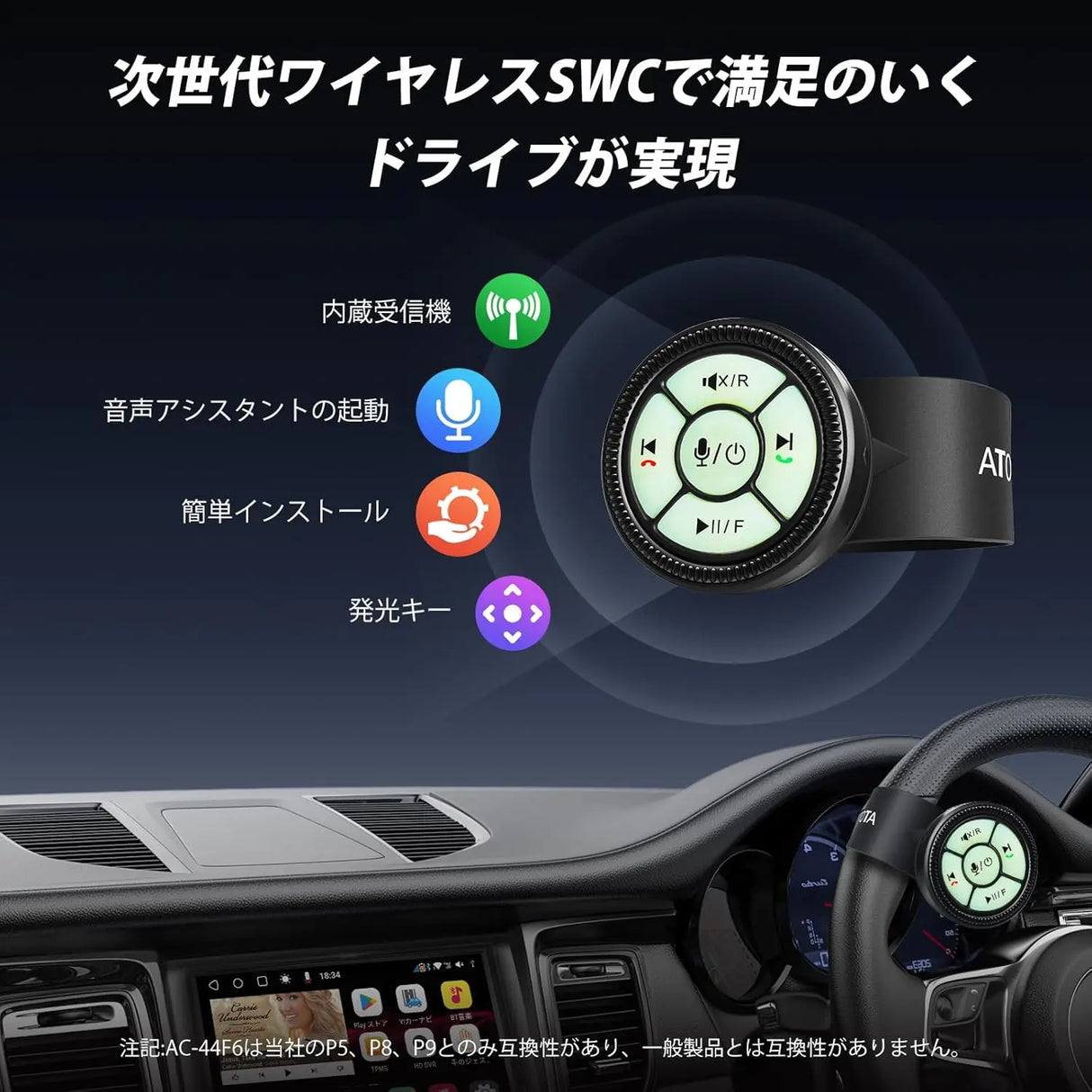 ATOTO AC-44F6 腕時計バンドスタイル無線リモコン、発光ボタン、キーボタン対応。ATOTO P5、P8、P9 ポータブルカーステレオ専用。A5/A6/F7/S8シリーズ非対応