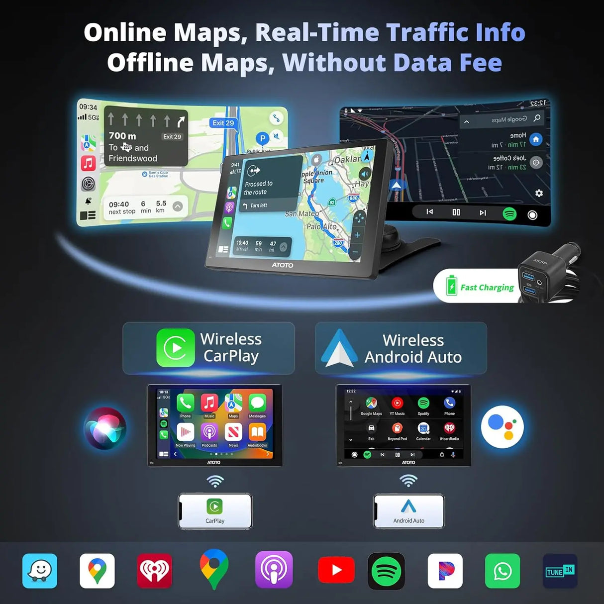 ATOTO P507SD 7" Portable CarPlay Screen with 1080P Backup Camera & Remote Control – Wireless CarPlay & Android Auto Touchscreen, Dash GPS Navigation, QLED Glare-Suppressing Display, MirrorLink