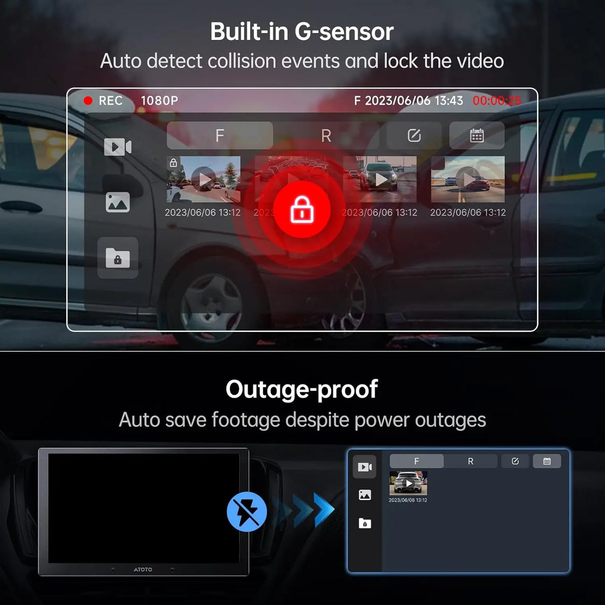 ATOTO AC-FHD02DV 1080P Dash Cam, GPS Playback, 136° Wide, WDR, Night Vision, 24H Parking, G-Sensor, Loop Record, Outage-Proof, 128GB Max, X10 Series Only