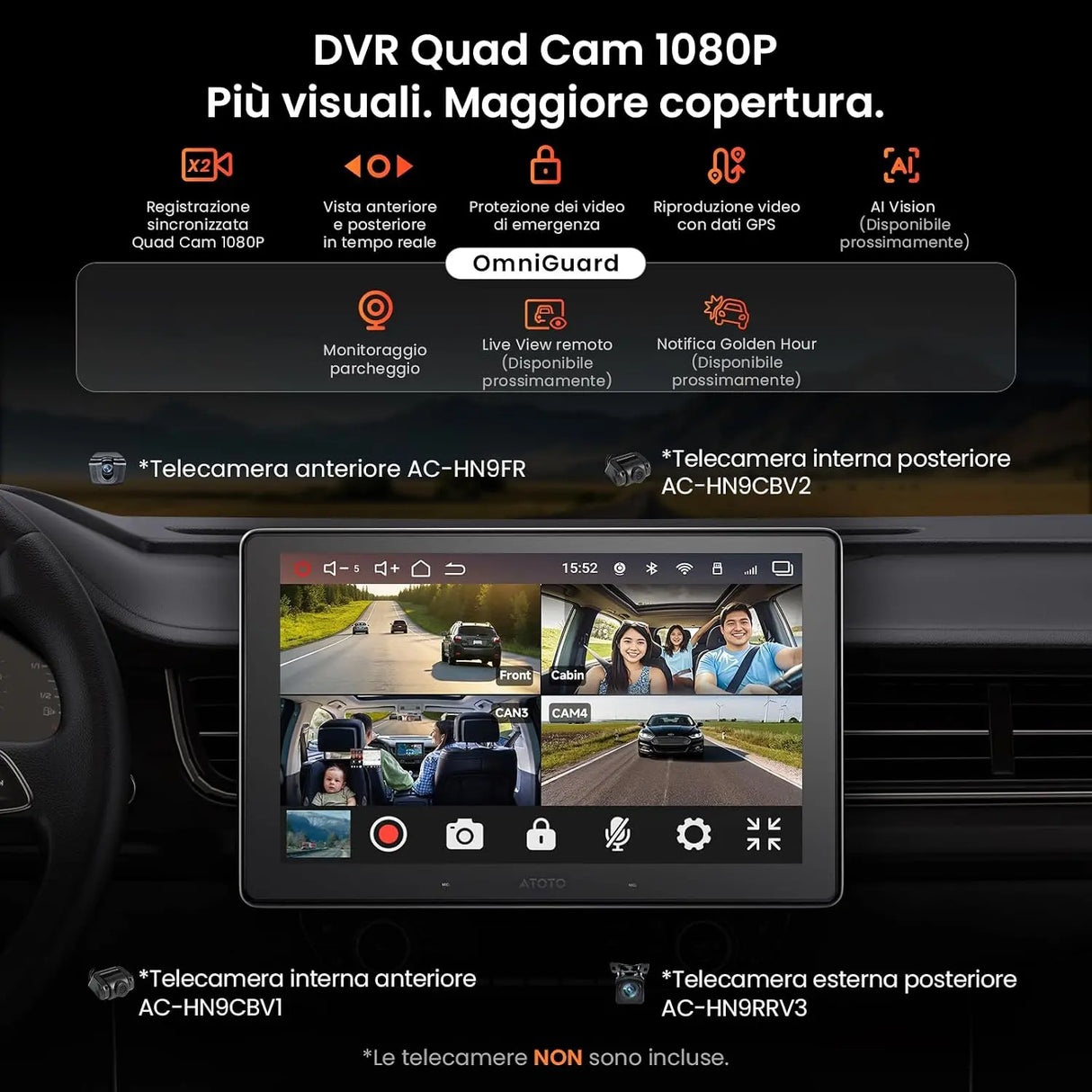 ATOTOEXCEL V10 10.1" 2din e Adattivo 1din Autoradio Android,6G+128G, 4G LTE/Wi-Fi,Karaoke in auto,DVR 4 canali, CarPlay e Android Auto Senza fili,DSP 32B-EQ,BT 5.4, Assistente IA,Tracciamento GPS