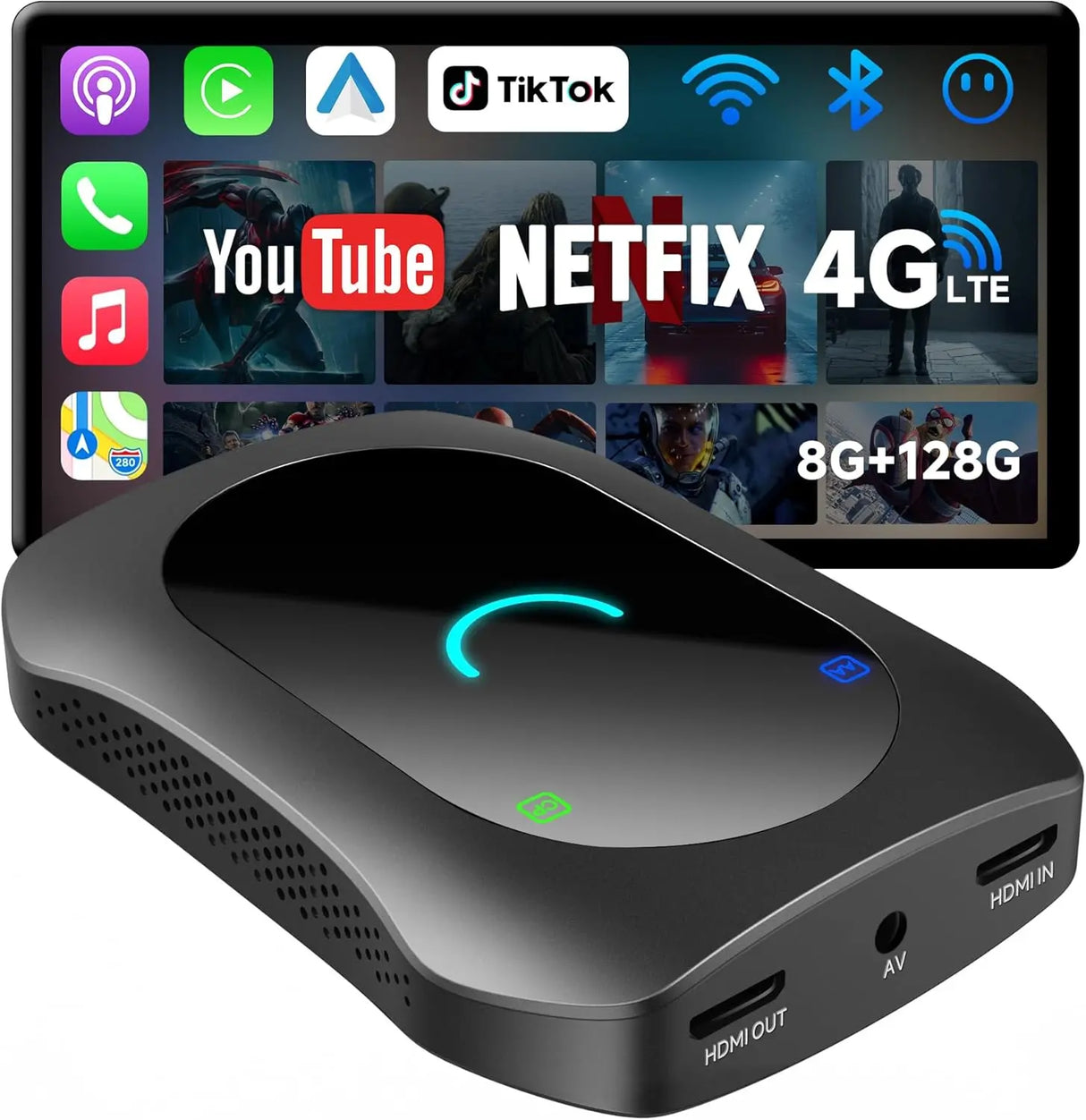 ATOTO CB7SBX CarPlay Wireless Adapter Android Auto AI Box, HDMI In/Out, Android 8GB+128GB, 4G LTE, Dual Bluetooth, DriveChat, AI Box for Netflix/YouTube/TikTok/TF Card