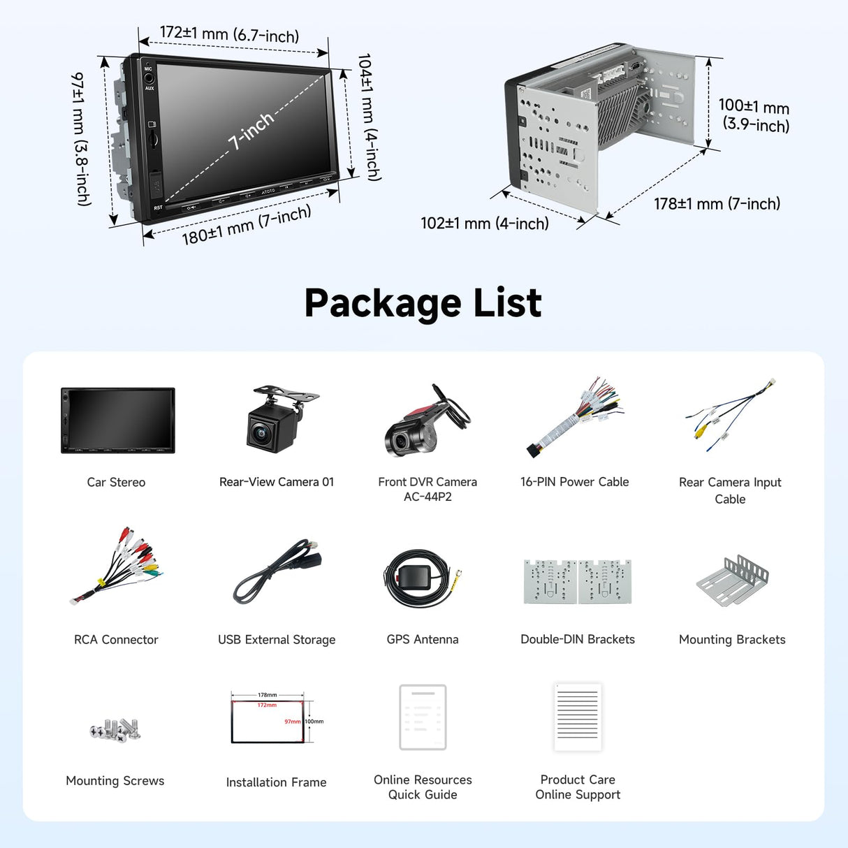 ATOTOZONE A5L 7" 2+32GB Android Double Din Car Stereo, LRV Backup Camera&1080P DVR Dash Cam, Wireless CarPlay/Android Auto, WiFi/BT/USB, 24B EQ&DSP, FM/SWC, MirrorLink, AI Chat, GPS Tracking