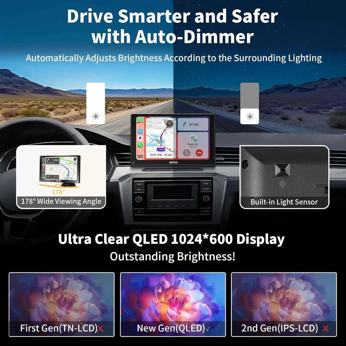 ATOTO P8 Portable Wireless Carplay Android Auto Screen, 7" QLED Glare-Suppressing Car Stereo with GPS Navigation,1080P Dash Cam, WDR & Auto Dimmer, Remote Control, Voice Assistant, P807SD-FC