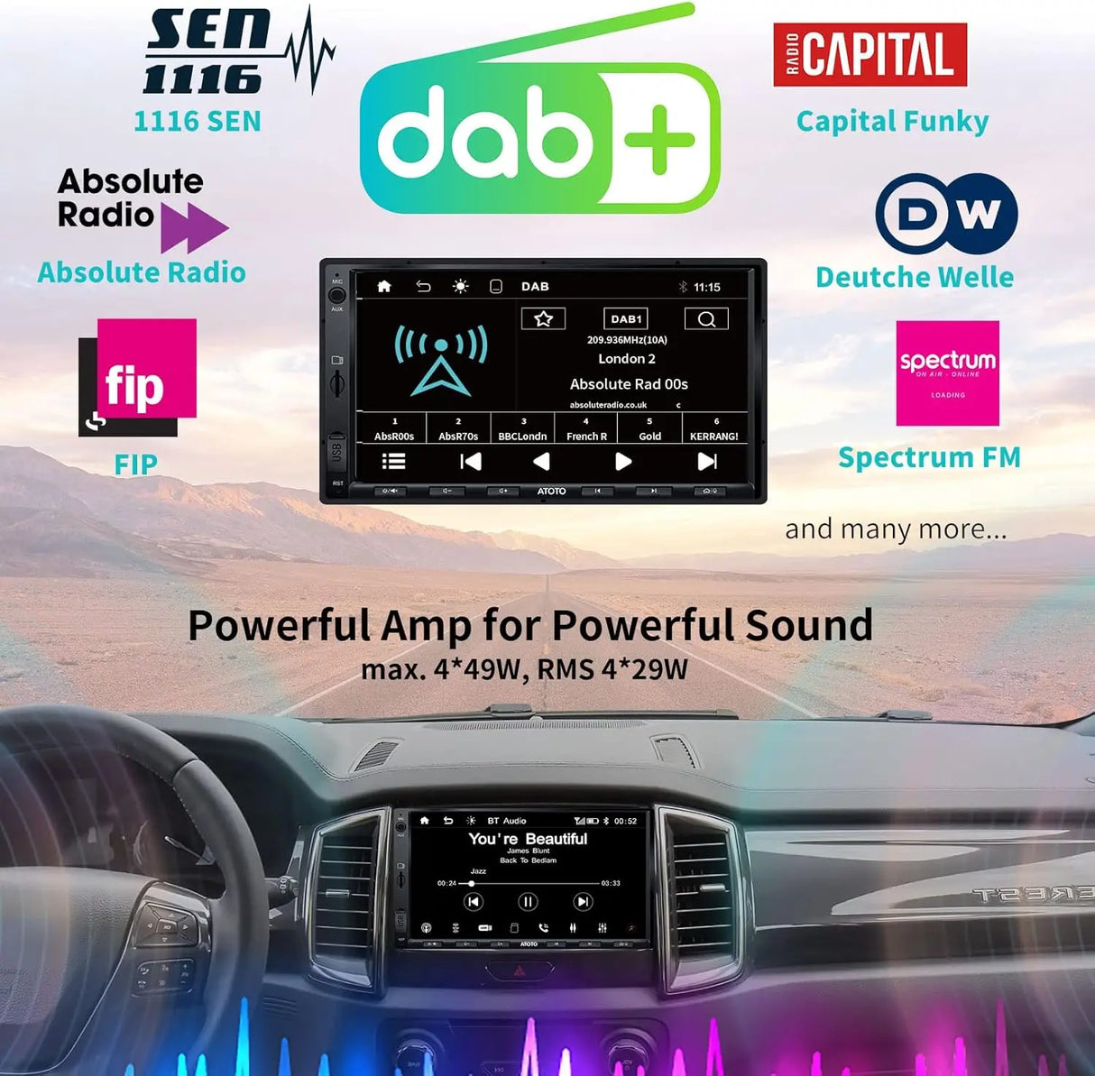 ATOTOEXCEL Autoradio 2 Din con Ricezione DAB+, Wireless Carplay & Android Auto, 7 pollici QLED Schermo per Auto con Bluetooth, Ricarica Rapida, Mirrorlink, HD LRV, AM/FM/AUX