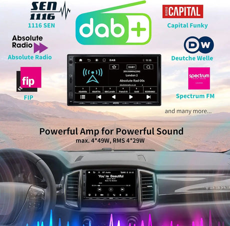 ATOTOEXCEL Autoradio 2 Din met DAB+ ontvangst, draadloze Carplay & Android auto, 7 inch QLED-scherm voor auto met Bluetooth, snel opladen, spiegellink, HD LRV, AM/FM/AUX