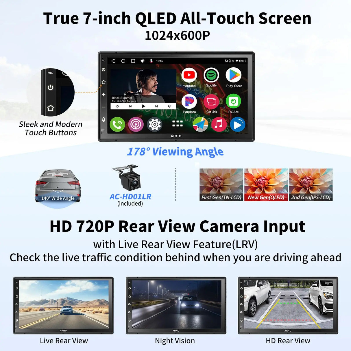 ATOTO A6 PF 7 Zoll QLED Touchscreen Android Doppel-DIN Autoradio, Wireless Carplay & Android Auto, DAB+ Radio/GPS/Mirror Link, Dual BT, WiFi/BT/USB Tethering, HD LRV mit Rückfahrkamera, A6G2B7PF-S01