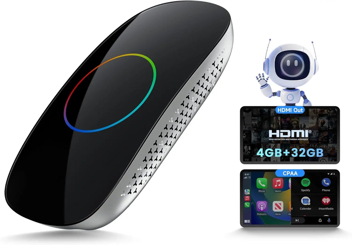 ATOTO CB4DT AI Box Android Adapter für Auto, Kabelloses CarPlay & Android Auto [4GB+32GB] Multimedia Streaming Box (YouTube/Netflix/Disney+) Dual Bluetooth/WiFi GPS Integriert OTA Schwarz