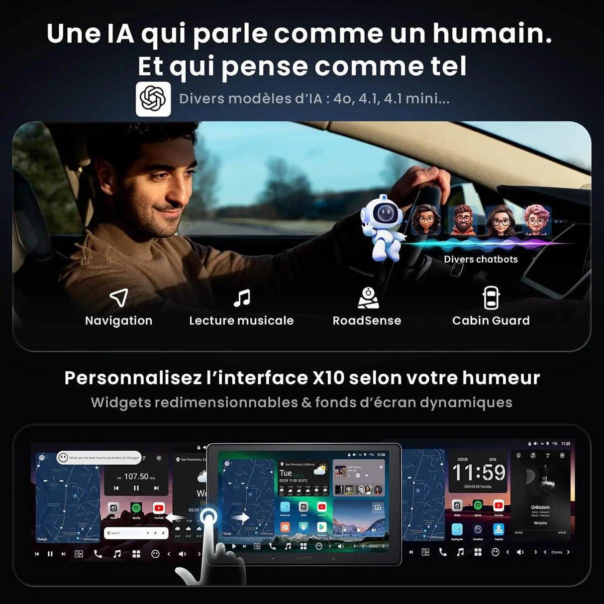 ATOTOZONE 10" QLED AI Android Autoradio 1 din,écran Flottant Voiture, Navi in-Dash,8G+128G,4G LTE,CarPlay & Android Auto sans Fil, Connexion Dual Téléphone & 2 Bluetooth, GPS-Tracking,X10G110E