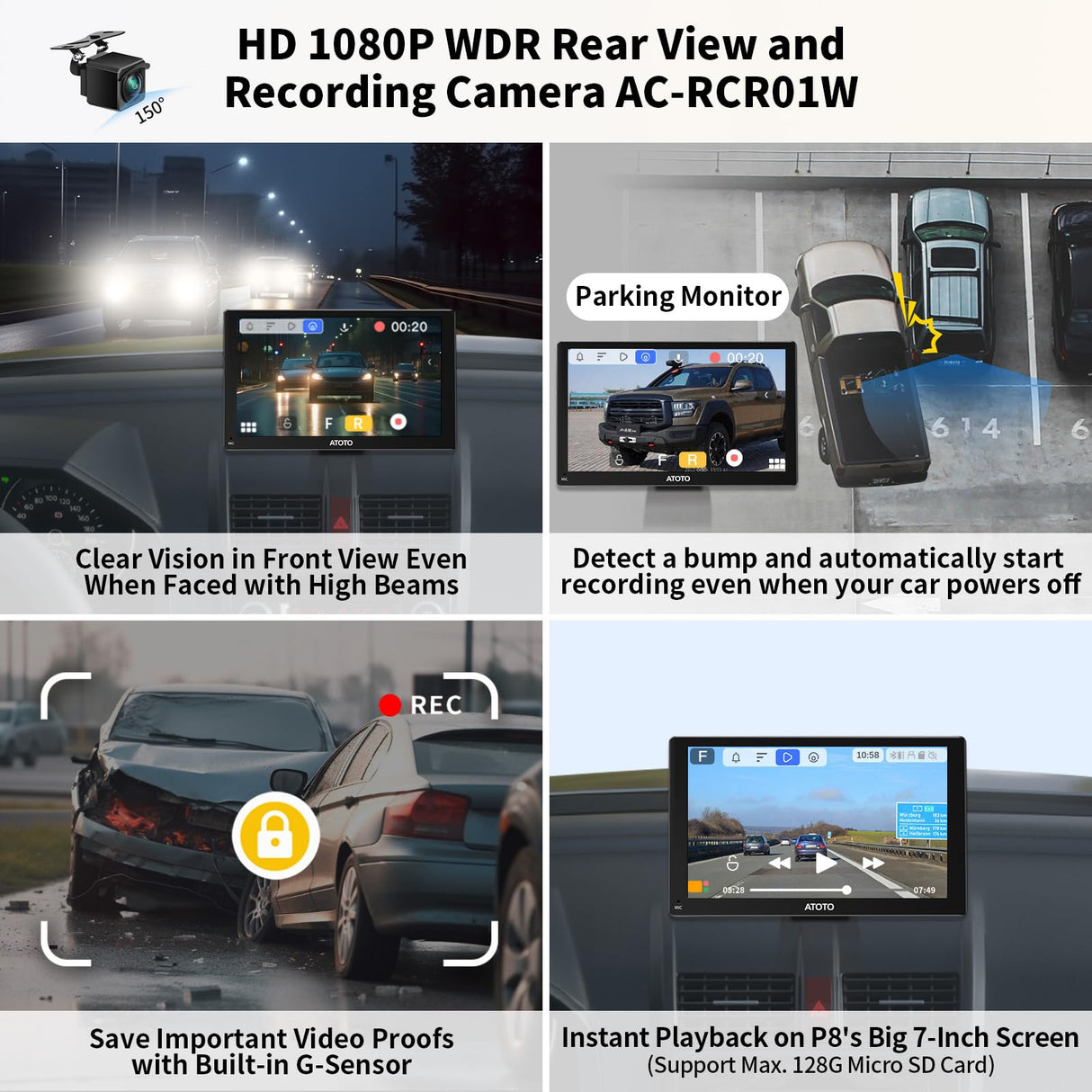 Portable Carplay & Android Auto Screen, ATOTO P8 Car Play Stereo with 7inch QLED Glare-Suppressing Touchscreen Display, HD 1080P WDR Rear Cam, OTA Upgrade, Remote Control, P807SD-RC
