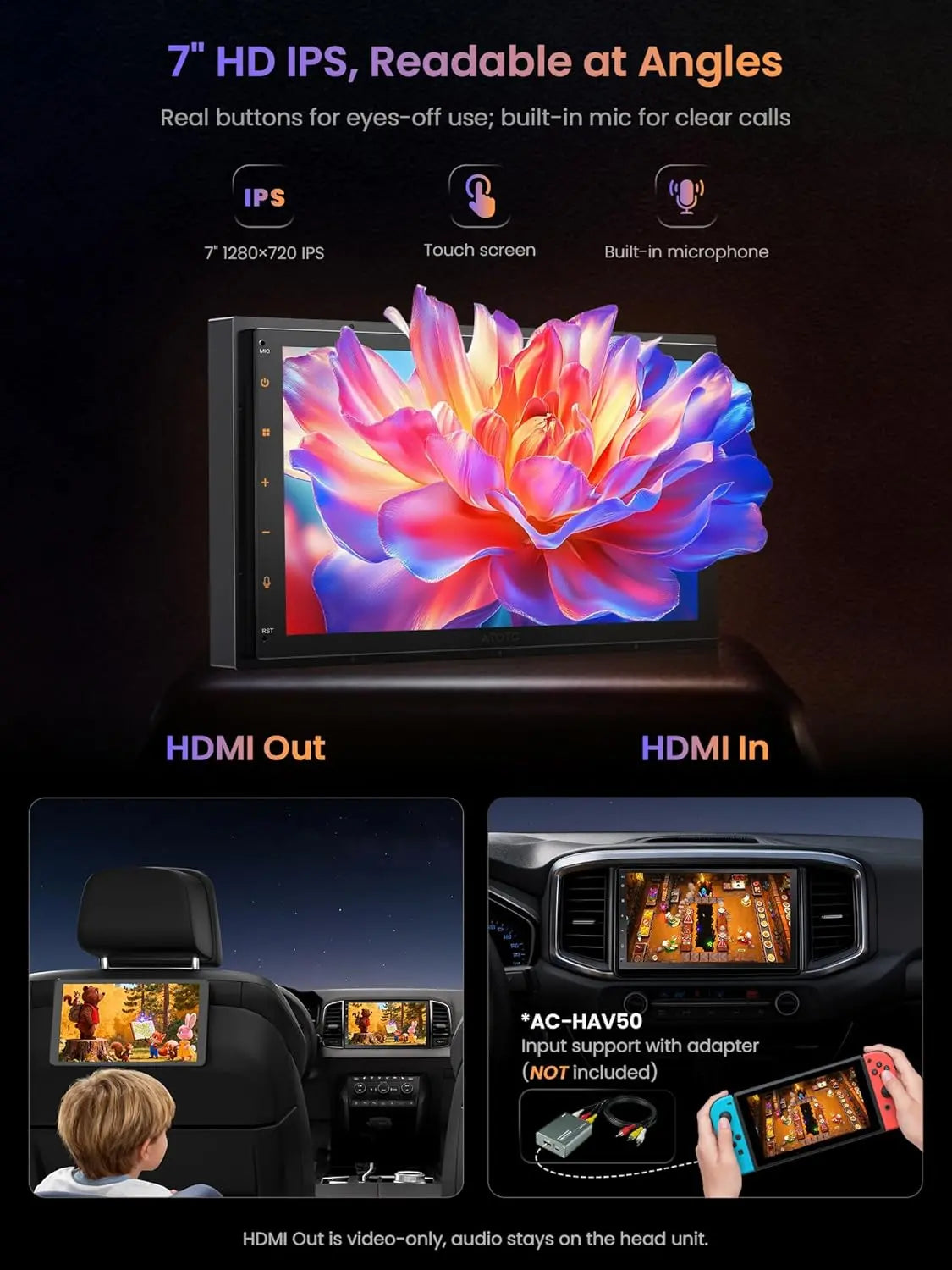 ATOTO A5LG2B7T 7" Double Din Car Stereo with Android OS, Wireless CarPlay & Android Auto, Touchscreen, GPS Navigation, WiFi/BT/USB Tethering, 2+32G, 24-Band EQ DSP, FM/AM Radio, Split-Screen Display