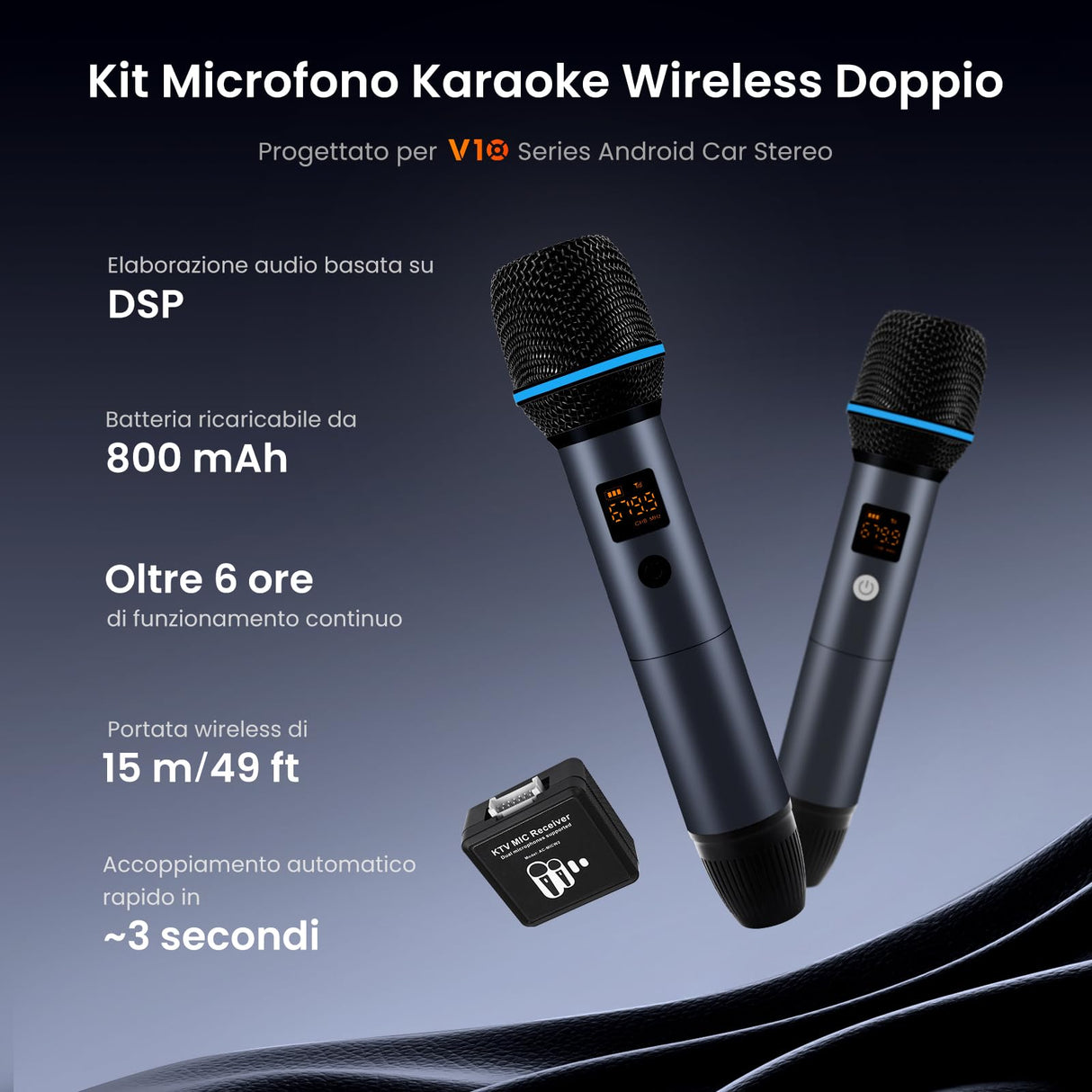 ATOTO AC-MICW2 Kit microfono wireless – Doppio microfono karaoke ricaricabile con ricevitore, bassa latenza, portata 15m, 6h durata, compatibile con autoradio serie V10