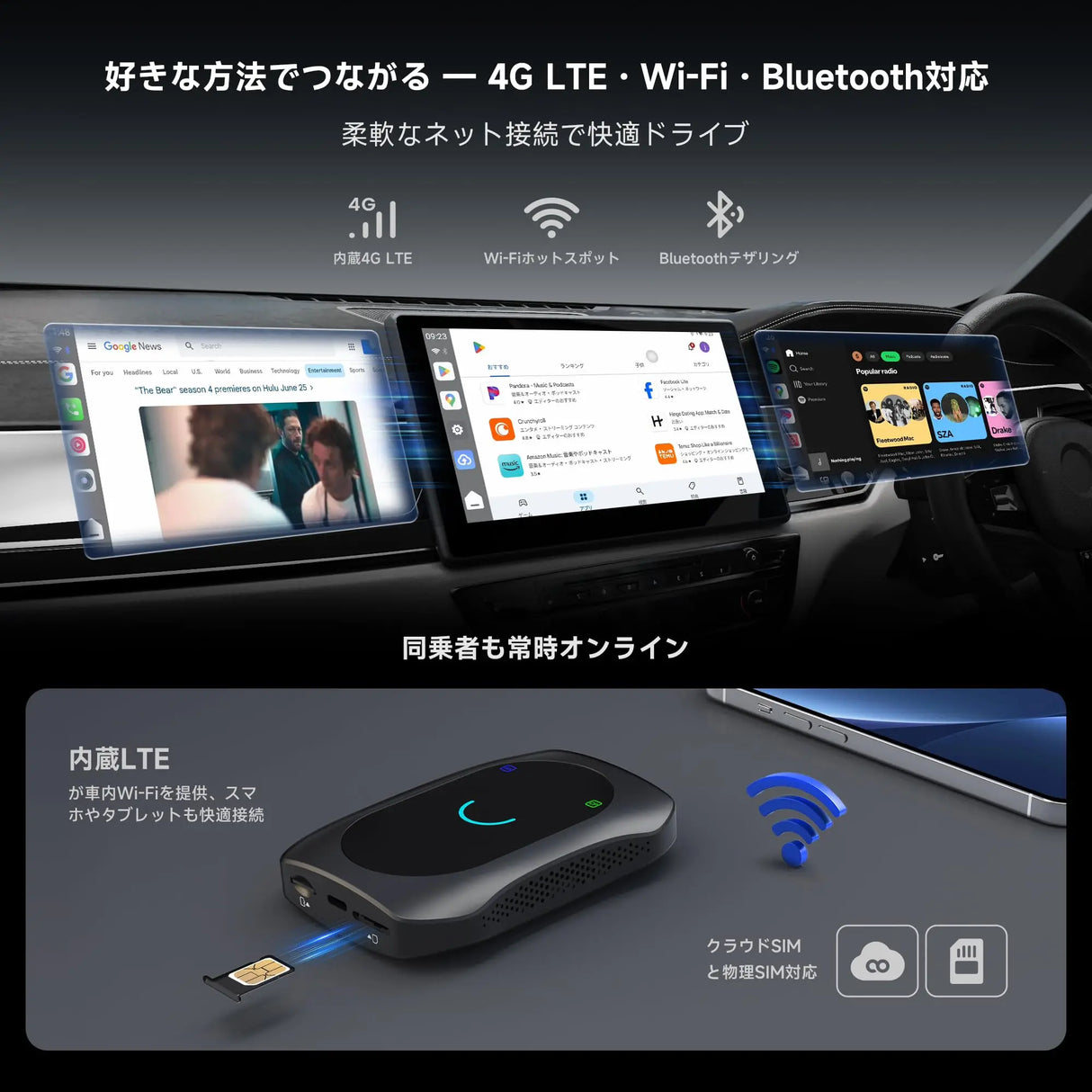 ATOTO CB7SATN フルAndroid 4G LTE Magic Video Box ワイヤレスCarPlay／Android Autoアダプター HDMI出力対応、セカンドスクリーン＆ゲーム機モニター接続、デュアルBluetooth＆Wi-Fi、GPSトラッカー、DVDプレーヤー対応