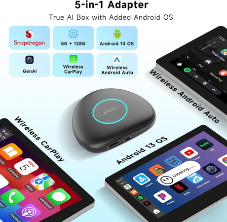ATOTO CB6 AI Bluetooth CarPlay Adapter with OBDII Scanner, 8GB RAM, 128GB Storage, 4G LTE, GPS Navigation, Mirror Link, Voice Control, Bluetooth, OTA Updates
