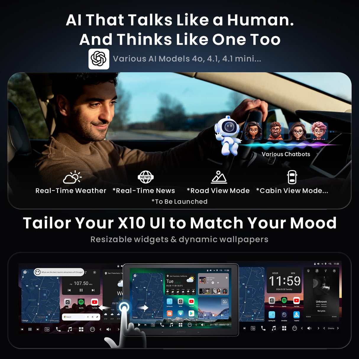 X10 8-Core 10.1" Single & Double Din Android 13 Car Stereo with 1080P Dash Cam Front and Rear +OBD2 Scanner 5in1, 8+128G Floating QLED Touchscreen Wireless CarPlay Android Auto Car Radio with ChatGPT