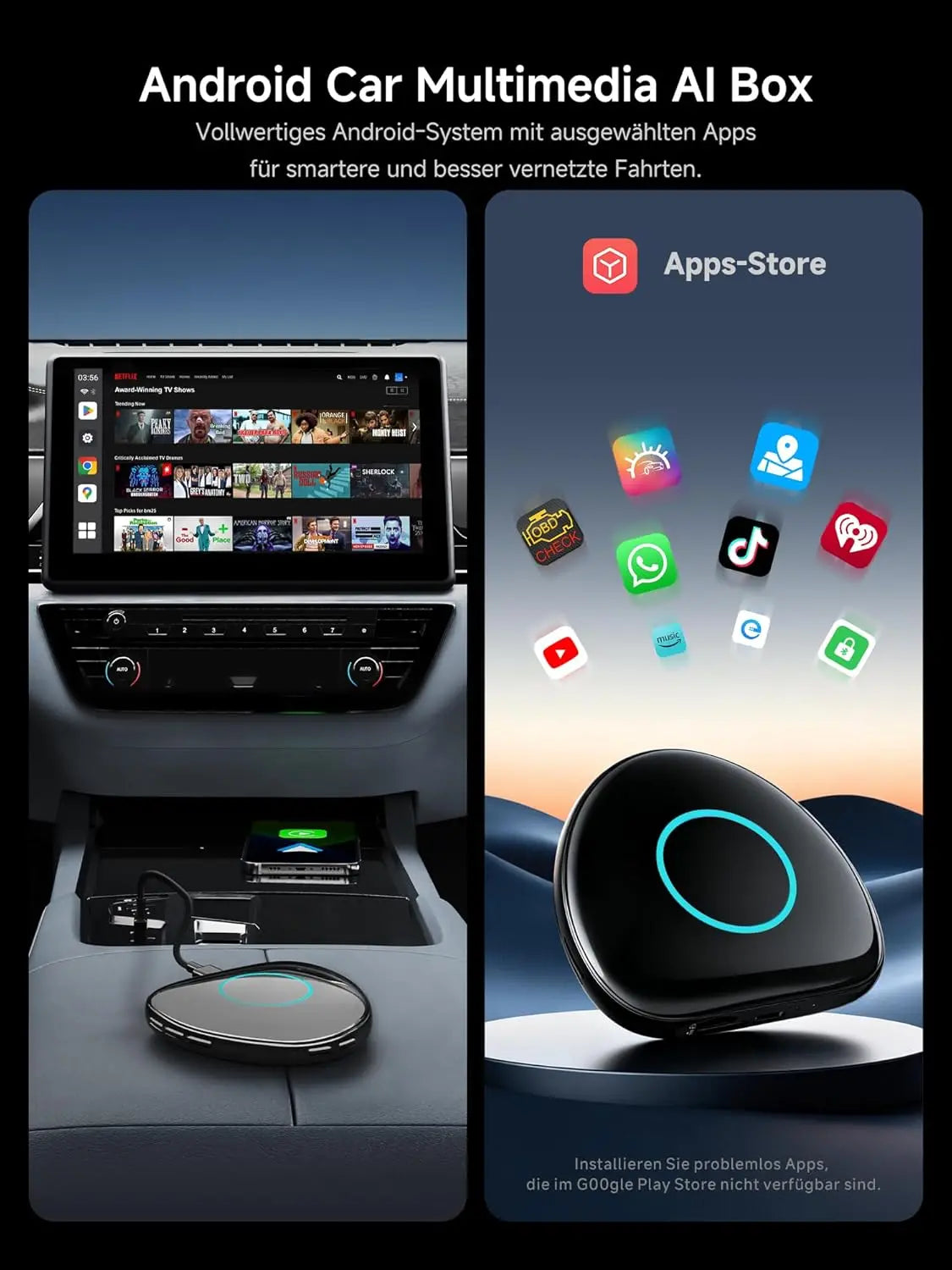ATOTO CB6 Android Auto Wireless Adapter – CarPlay IA Box, 8GB+128GB Auto-Streaming-Box mit 4G, Dual Bluetooth, USB, integriertem GPS, KI-Assistent, microSD-Erweiterung, OTA