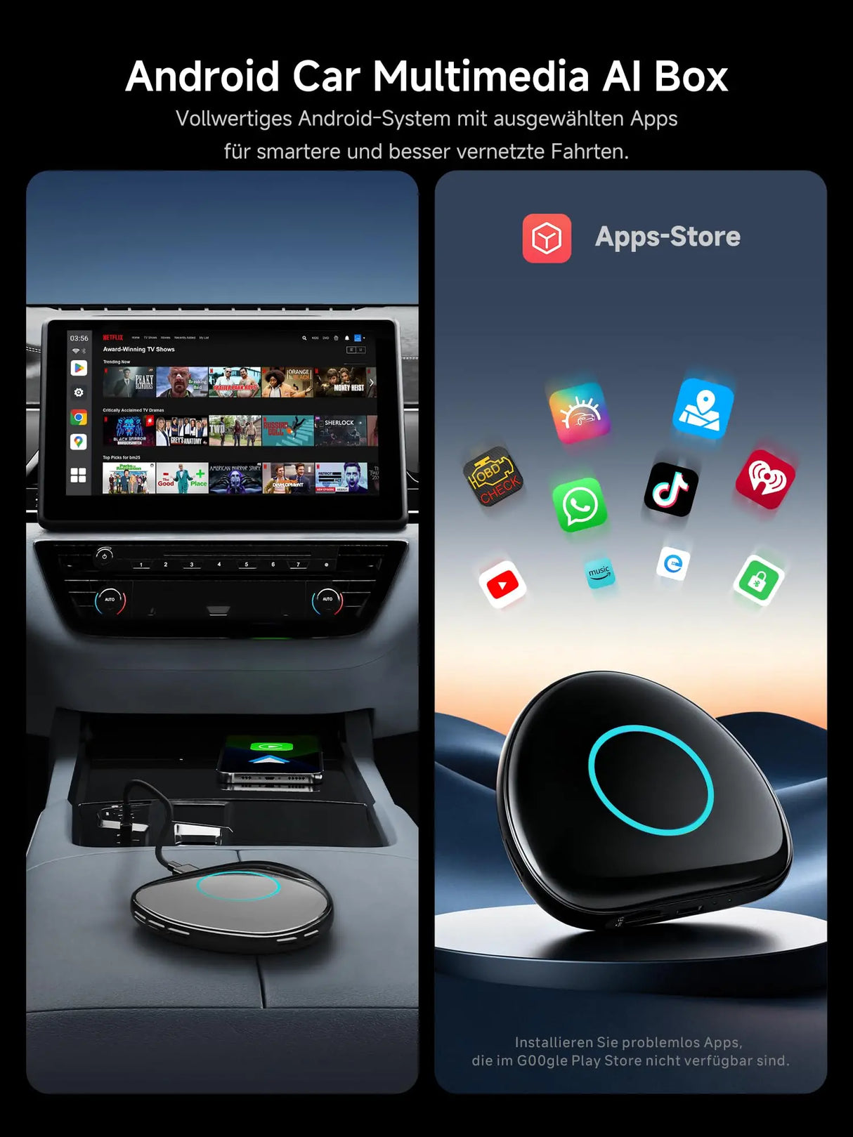 ATOTO CB6 Android Auto Wireless Adapter – CarPlay IA Box, 8GB+128GB Auto-Streaming-Box mit 4G, Dual Bluetooth, USB, integriertem GPS, KI-Assistent, microSD-Erweiterung, OTA