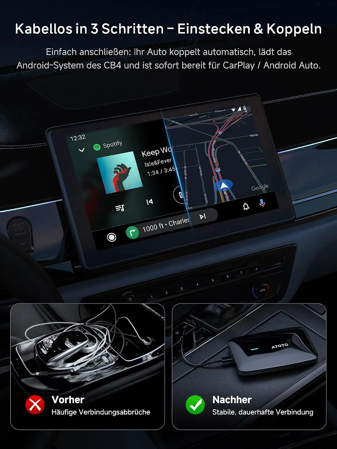 ATOTO CB4B Wireless CarPlay Adapter mit Android AI Box | Kabelloses CarPlay & Android Auto, KI-DriveChat, Netflix & YouTube, Dual-WLAN/Bluetooth, 4GB+32GB