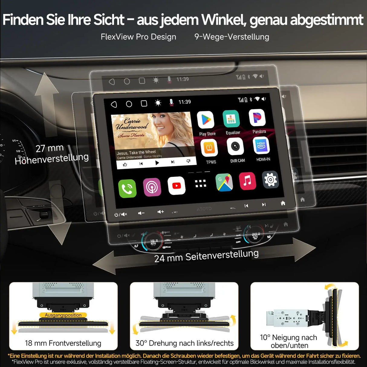 ATOTOZONE S8MS 10 Zoll Autoradio Android Adaptiv für 1DIN & 2DIN, QLED Schwebendes Bildschirm, 4G LTE, Wi-Fi/Bluetooth/USB, Wireless CarPlay&Android Auto, Dual BT, 36EQ, DSP, LRV, 4G+32G
