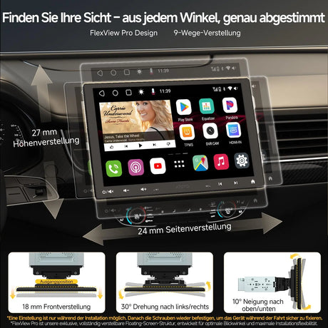ATOTOZONE S8MS 10 Zoll Autoradio Android Adaptiv für 1DIN & 2DIN, QLED Schwebendes Bildschirm, 4G LTE, Wi-Fi/Bluetooth/USB, Wireless CarPlay&Android Auto, Dual BT, 36EQ, DSP, LRV, 4G+32G